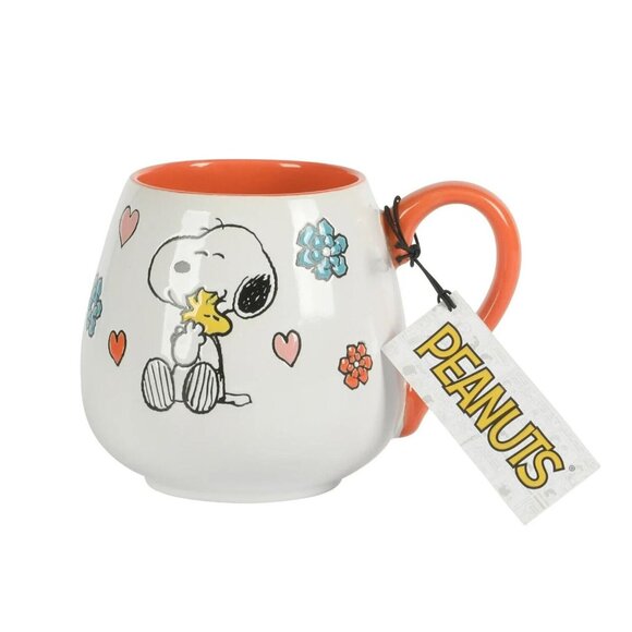 Peanuts Snoopy Holding Woodstock 20 oz Ceramic Coffee Mug Floral Hearts Orange - Picture 1 of 7
